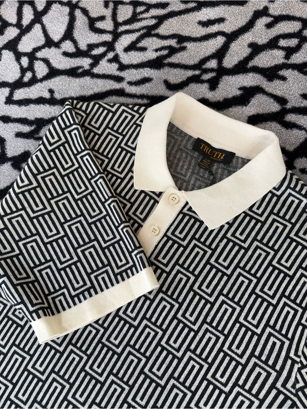TRUTH Black & White Geometric Knit Polo with Cream Trim